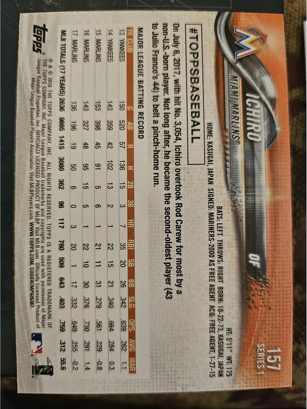 Ichiro - Miami Marlins - 2018 Topps #157 - RAW Mint